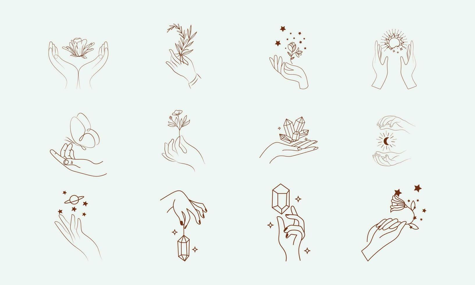 un insieme di collezioni di icone della mano della donna in uno stile lineare e minimale. modelli di progettazione logo vettoriale con diversi gesti delle mani, cristallo. per cosmetici, bellezza, tatuaggi, spa, donna, gioielleria.