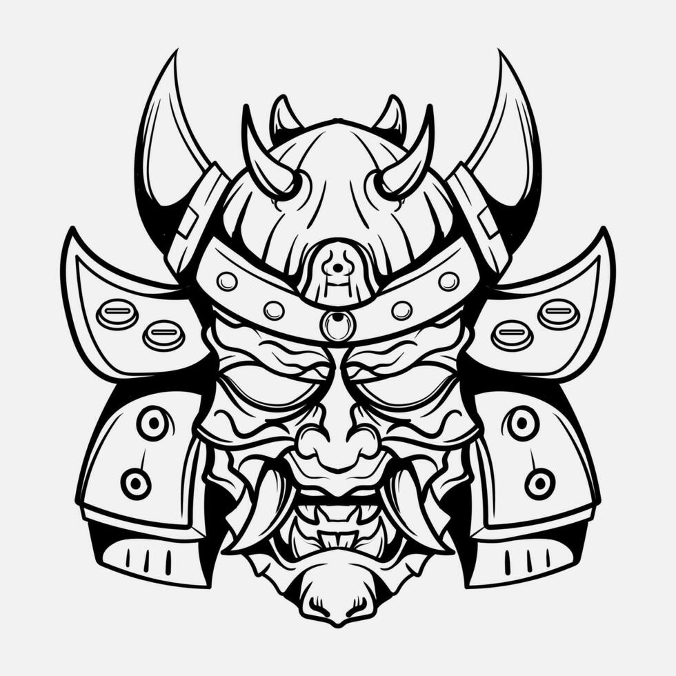 oni mostro maschera giapponese casco esercito samurai nel telaio incisione ornamento illustrazione nero e bianca tatuaggio e maglietta abbigliamento vettore