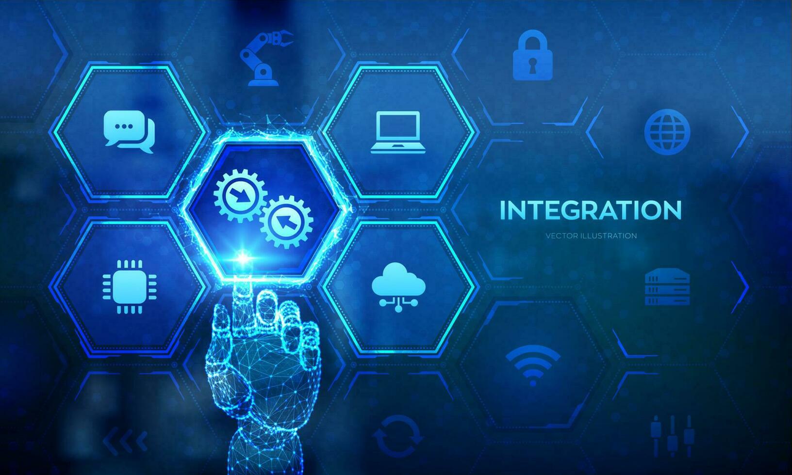 integrazione dati sistema. sistema integrazione tecnologia concetto. industriale e inteligente tecnologia. attività commerciale e automazione soluzioni. robotica mano toccante digitale interfaccia. vettore illustrazione.