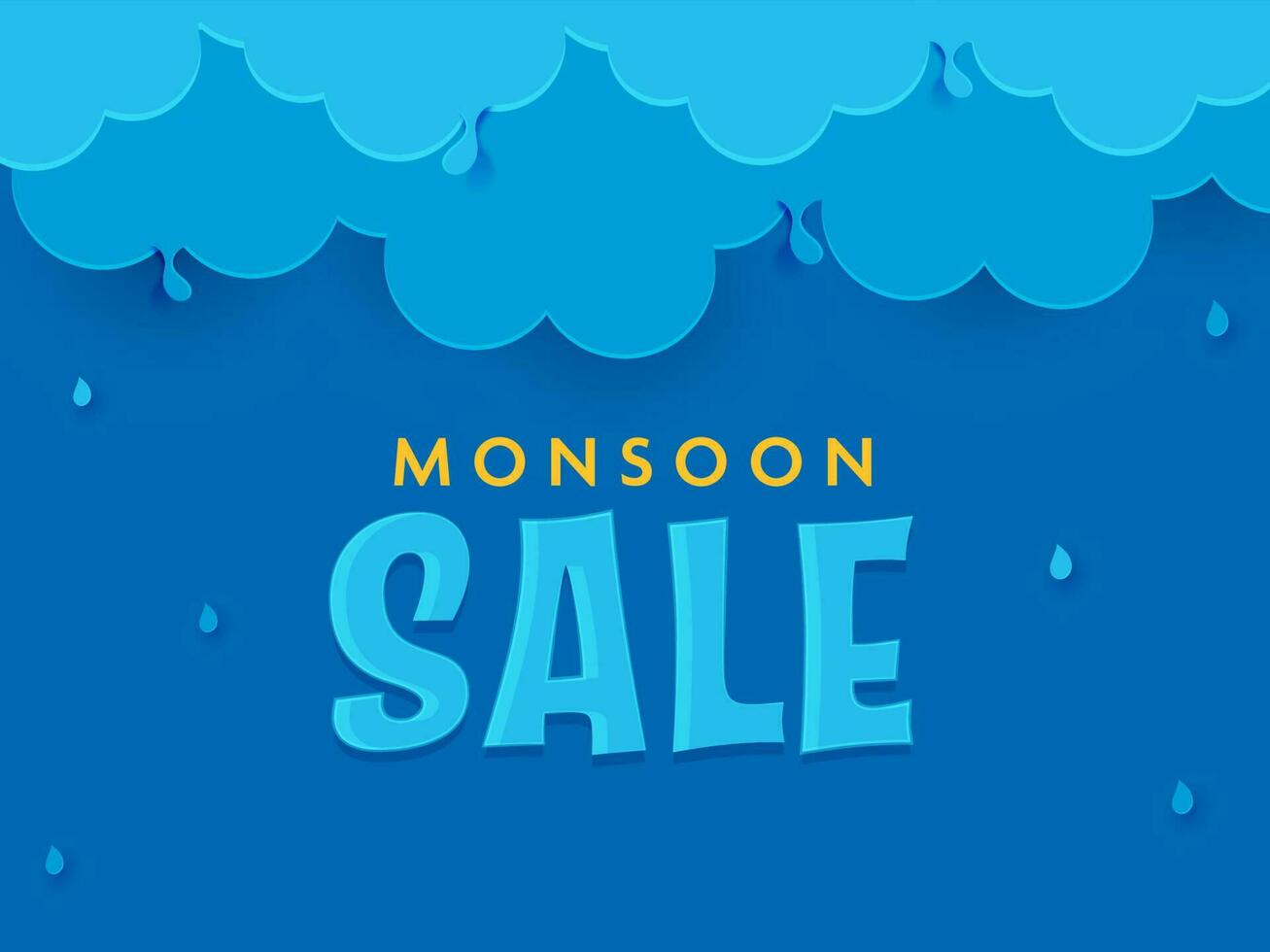 monsone vendita manifesto design con carta nuvole e acqua gocce su blu sfondo. vettore