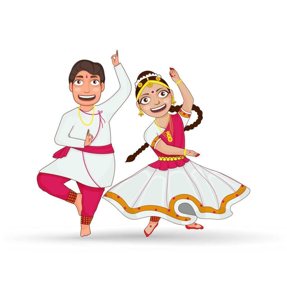 indiano coppia l'esecuzione kathak nel tradizionale abbigliamento contro bianca sfondo. vettore