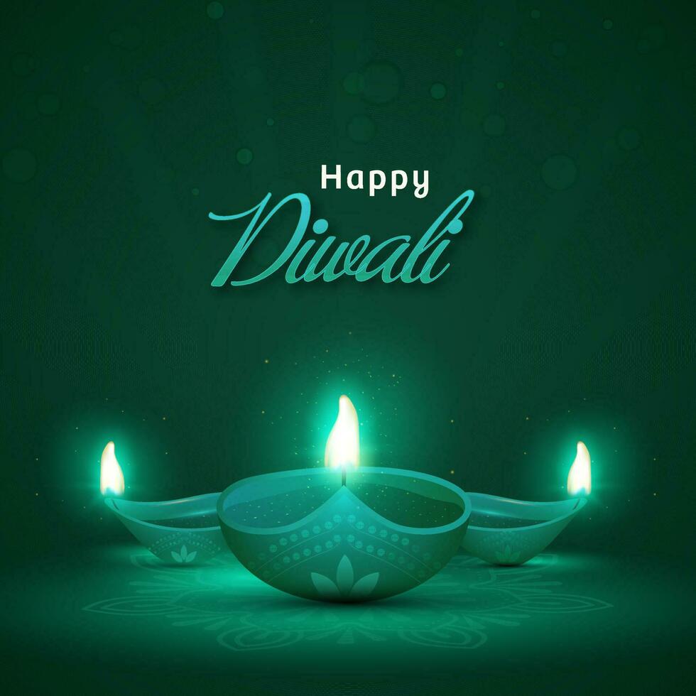 contento Diwali celebrazione concetto con illuminato olio verde lampade su verde sfondo. vettore