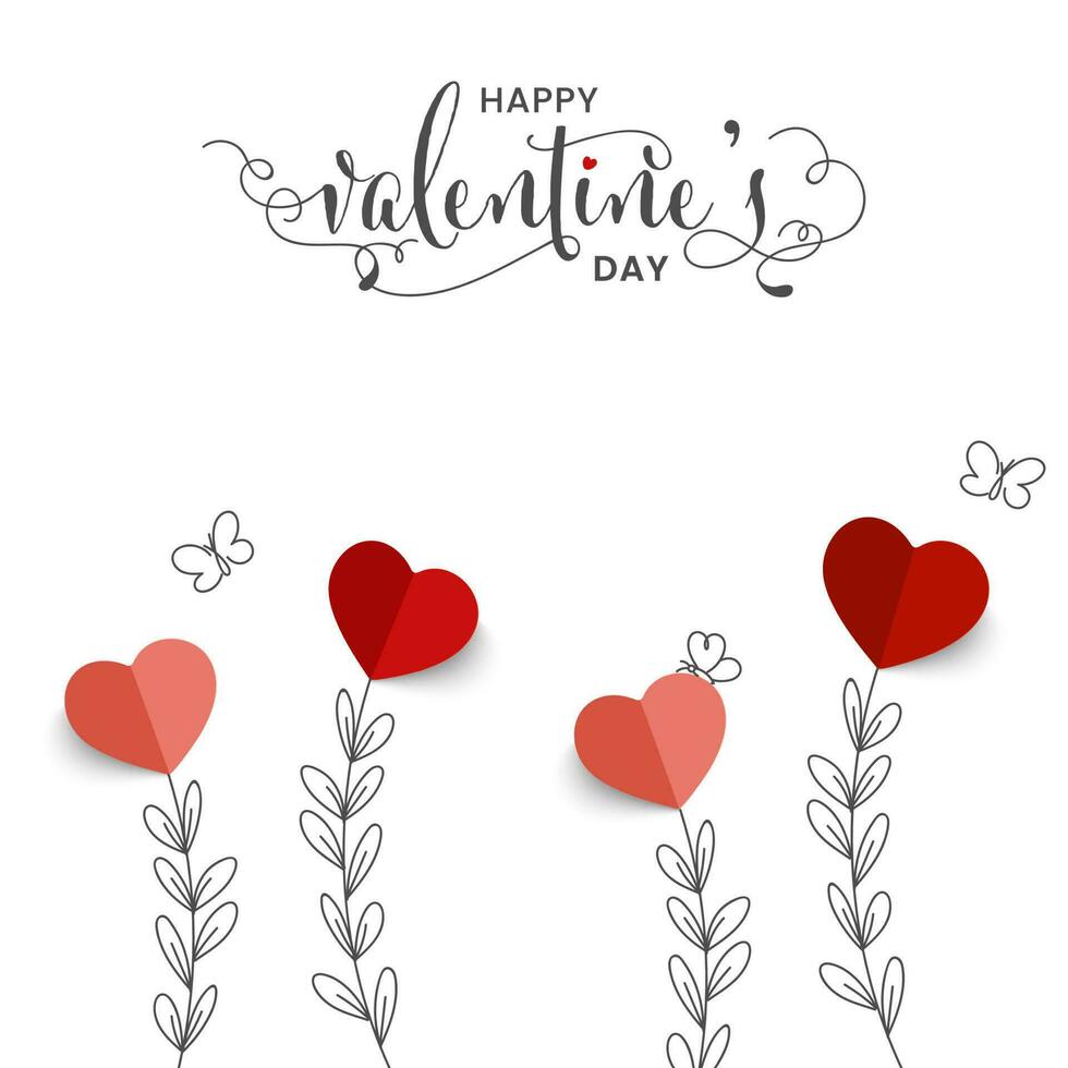 contento San Valentino giorno font con linea arte le foglie ramo, farfalle e carta cuori su bianca sfondo. vettore