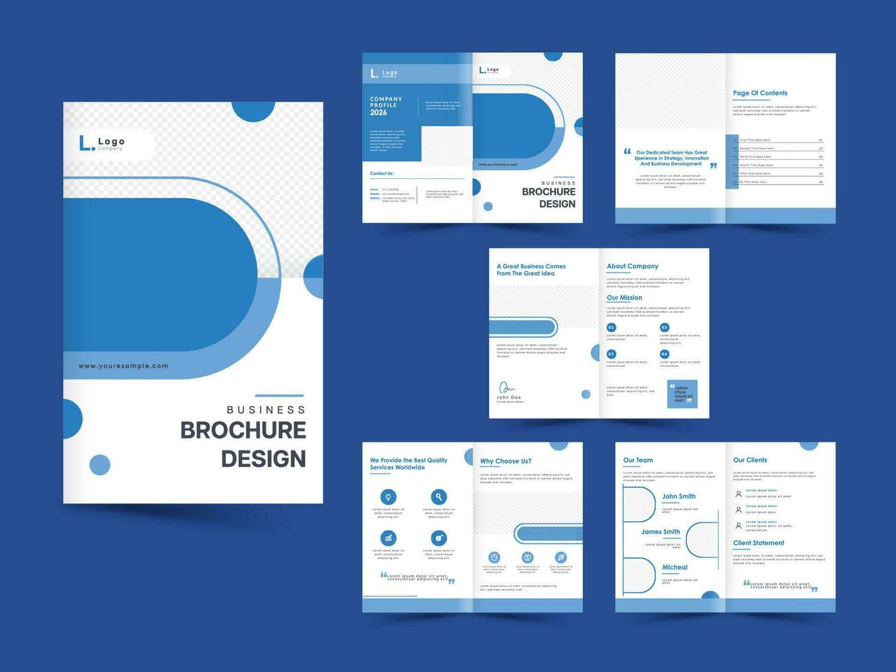 attività commerciale Bi-fold opuscolo modelli con Doppio lati nel blu e bianca colore. vettore