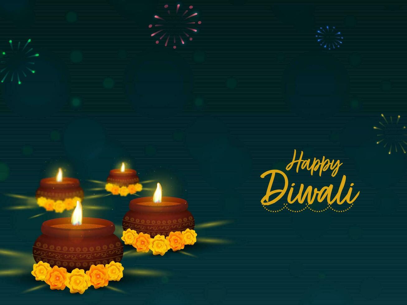 contento Diwali celebrazione concetto con realistico illuminato olio lampade e calendula fiori su alzavola blu fuochi d'artificio sfondo. vettore