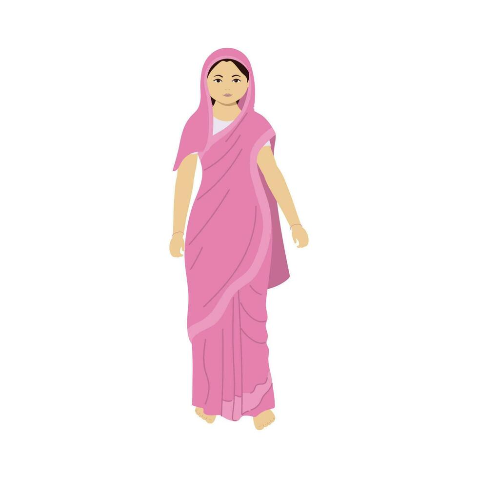 personaggio di indiano donna indossare rosa saree nel in piedi posa su bianca sfondo. vettore