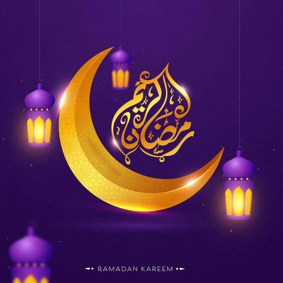 d'oro Arabo calligrafia di Ramadan kareem con mezzaluna Luna, si illumina lanterne appendere su viola sfondo. vettore