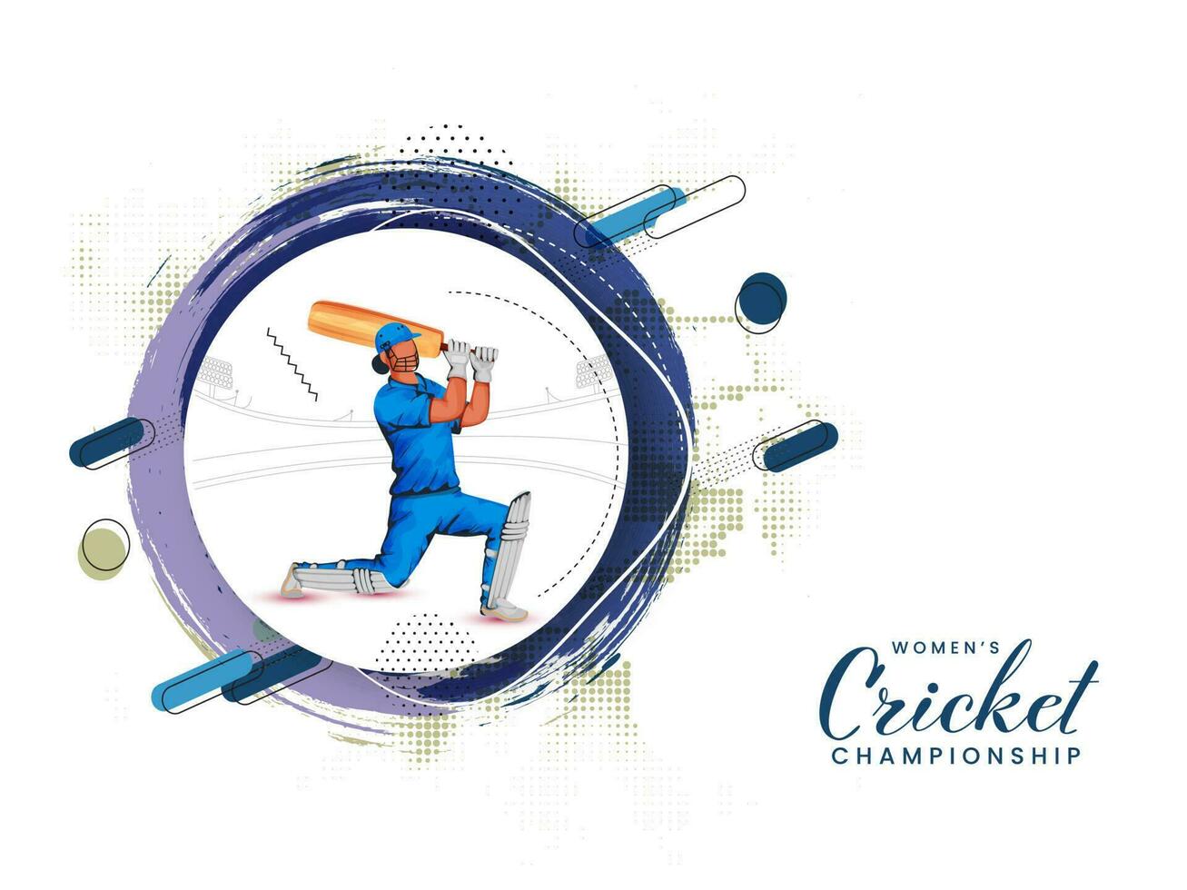 Da donna cricket campionato concetto con cartone animato femmina pastella giocatore, circolare spazzola effetto e mezzitoni su bianca sfondo. vettore