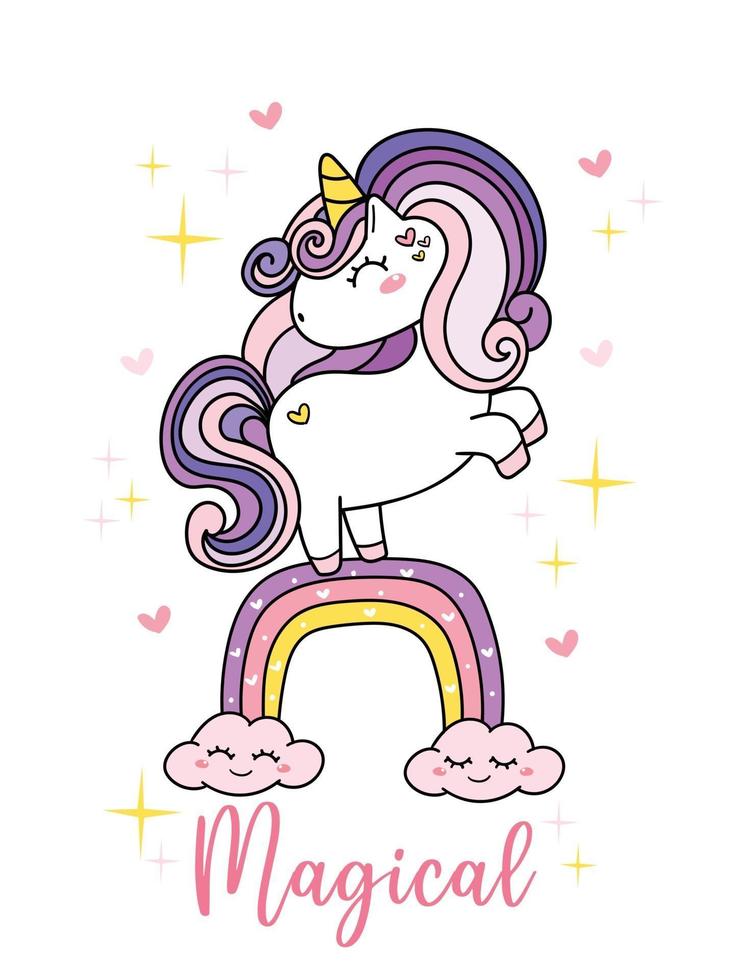 carino unicorno magico viola su arcobaleno, semplice doodle contorno fumetto illustrazione vettoriale