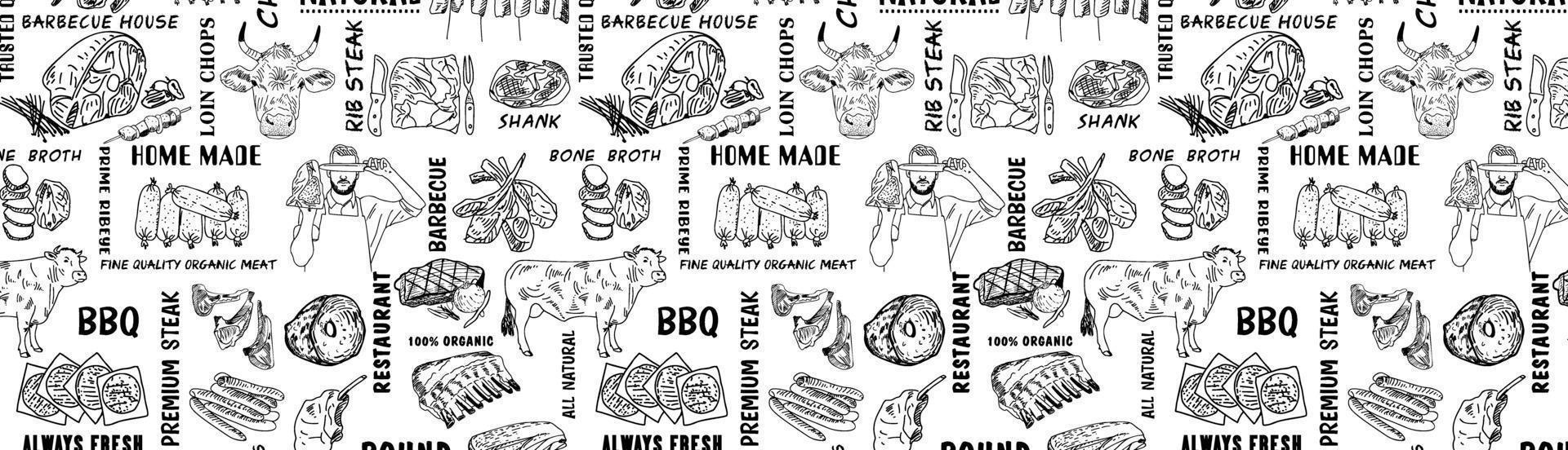 modello di prodotti a base di carne disegnato a mano. modello di design vintage, banner. vettore. vettore