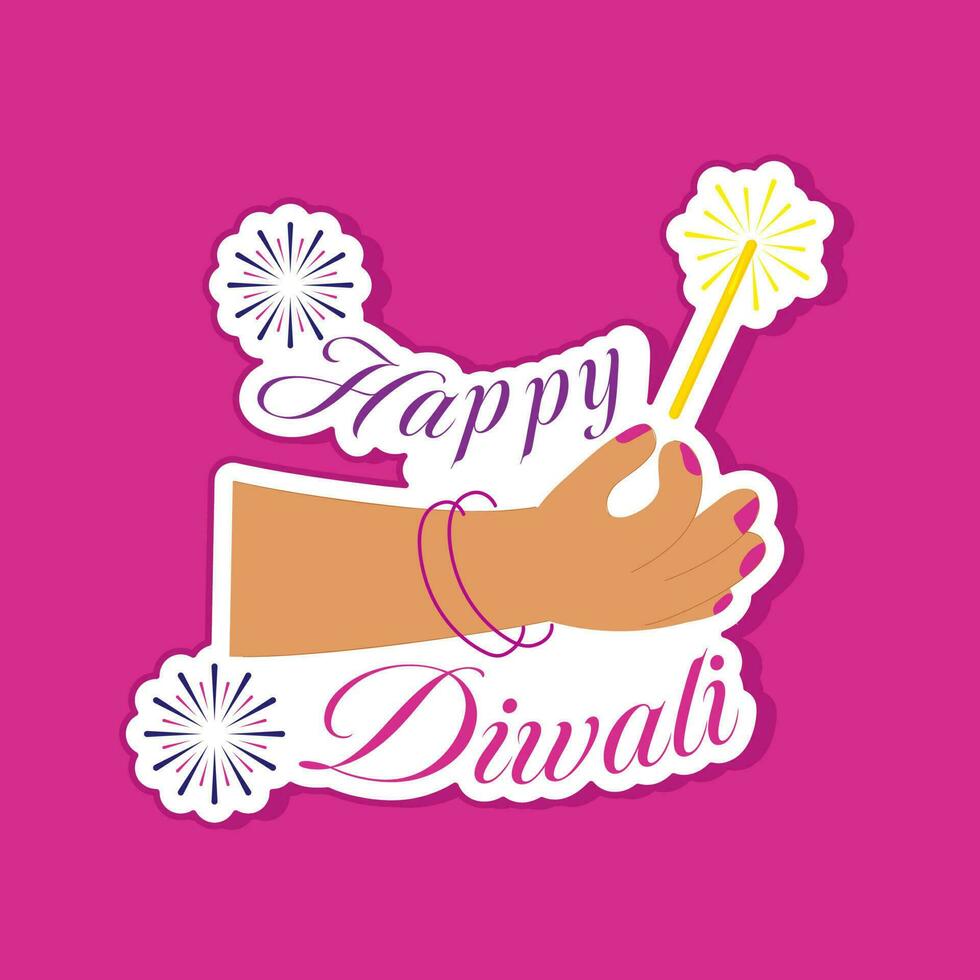 etichetta stile indiano donna Tenere scintillante bastone mano al di sopra di rosa sfondo per contento Diwali celebrazione. vettore