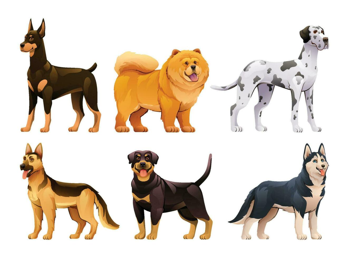 set di diverse razze di cani in stile cartone animato vettore