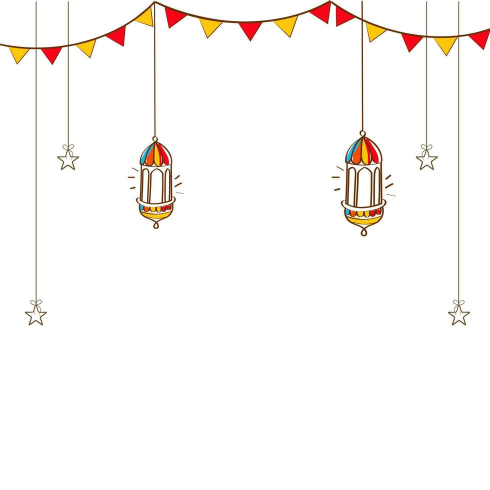 islamico Festival saluto carta con scarabocchio stile Arabo lanterne, stelle appendere, pavese bandiere decorato su bianca sfondo e copia spazio. vettore