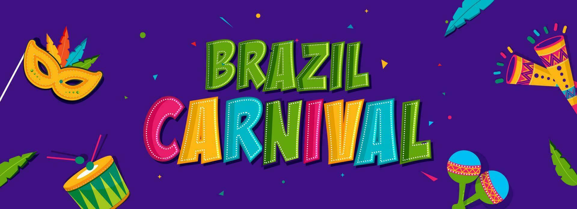 colorato brasile carnevale font con musica strumenti, piuma maschera bastone  e coriandoli decorato su viola sfondo. 23320612 Arte vettoriale a Vecteezy