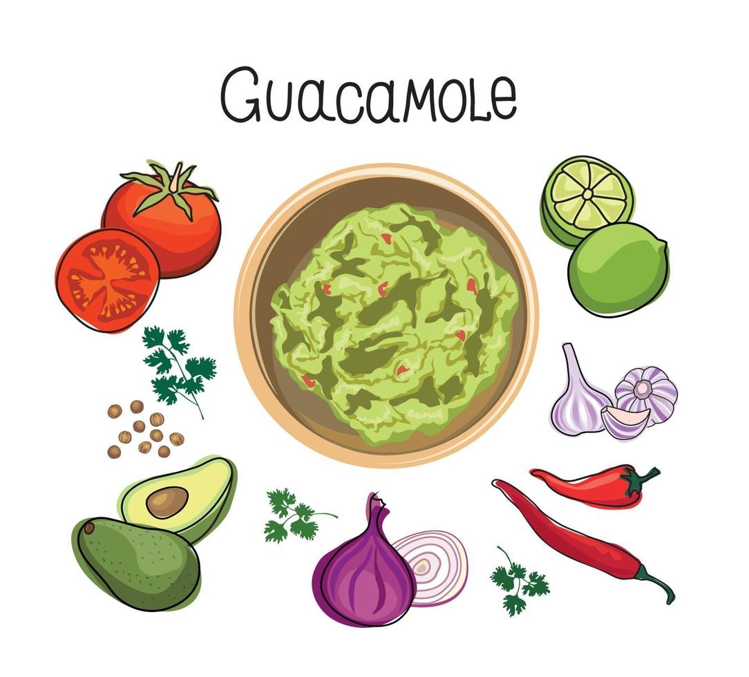 ingredienti della ricetta del guacamole di avocado. verdure e spezie per cuocere il guacamole - pomodoro, avocado, lime, aglio, pepe, beagle, coriandolo, insalata. illustrazione di vettore del libro di cucina messicana