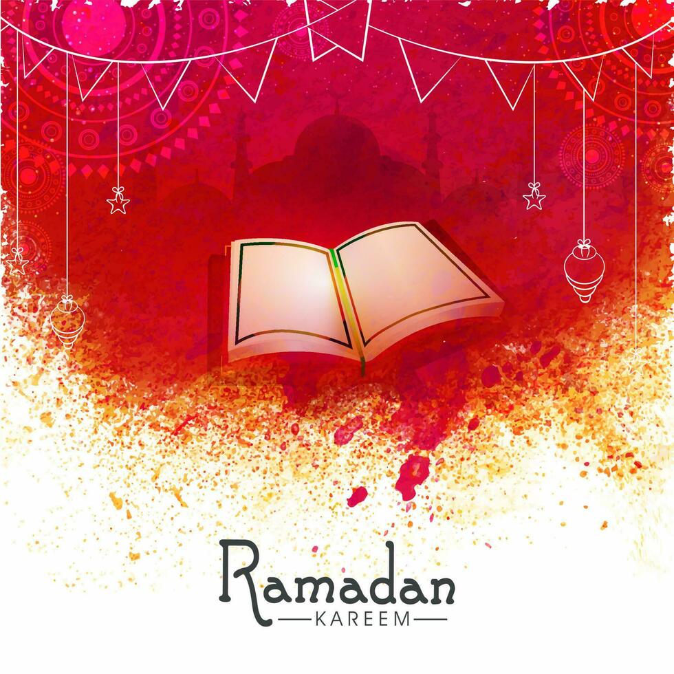Ramadan kareem concetto con Aperto santo libro corano, silhouette moschea su astratto sfondo. vettore