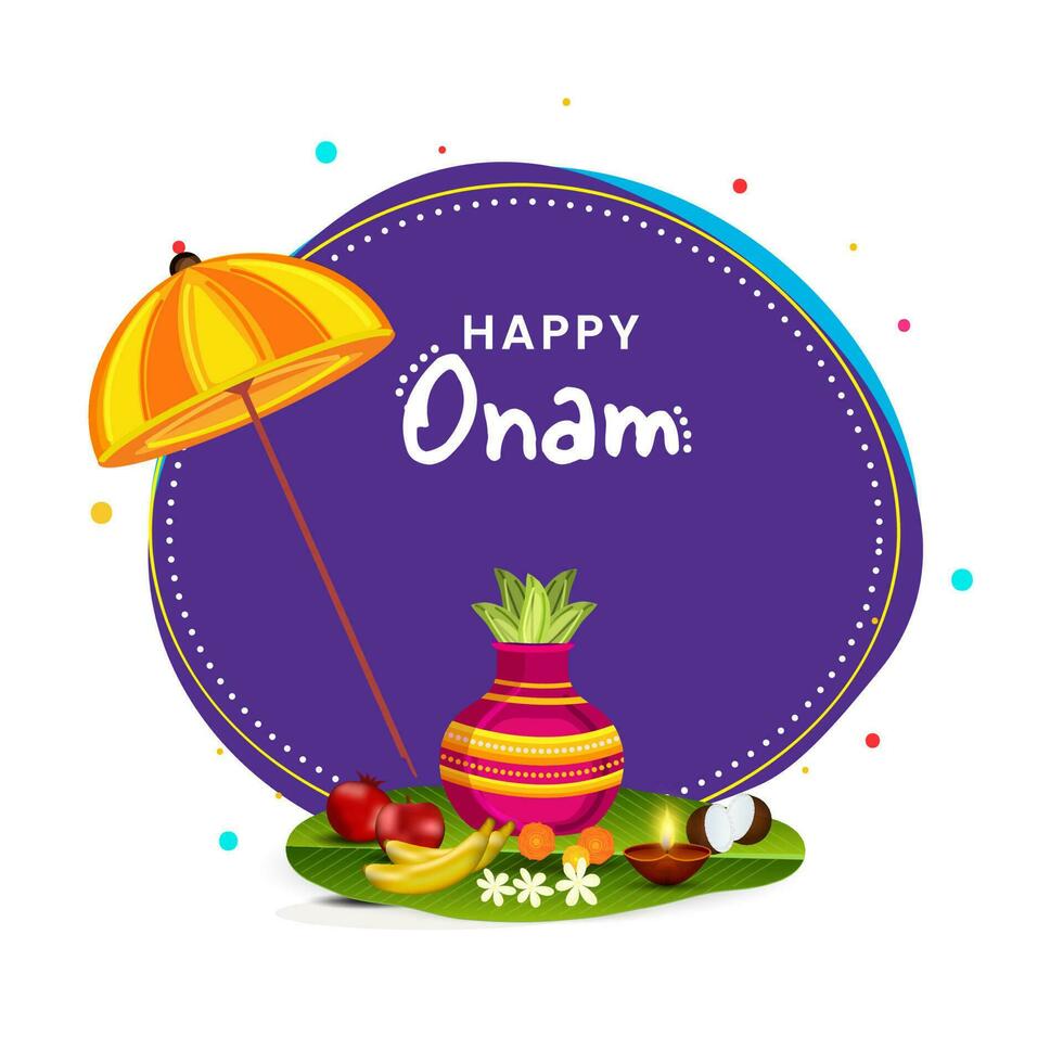 contento onam celebrazione concetto con ombrello, culto pentola, frutta, fiore, illuminato olio lampada al di sopra di Banana foglia su viola e bianca sfondo. vettore