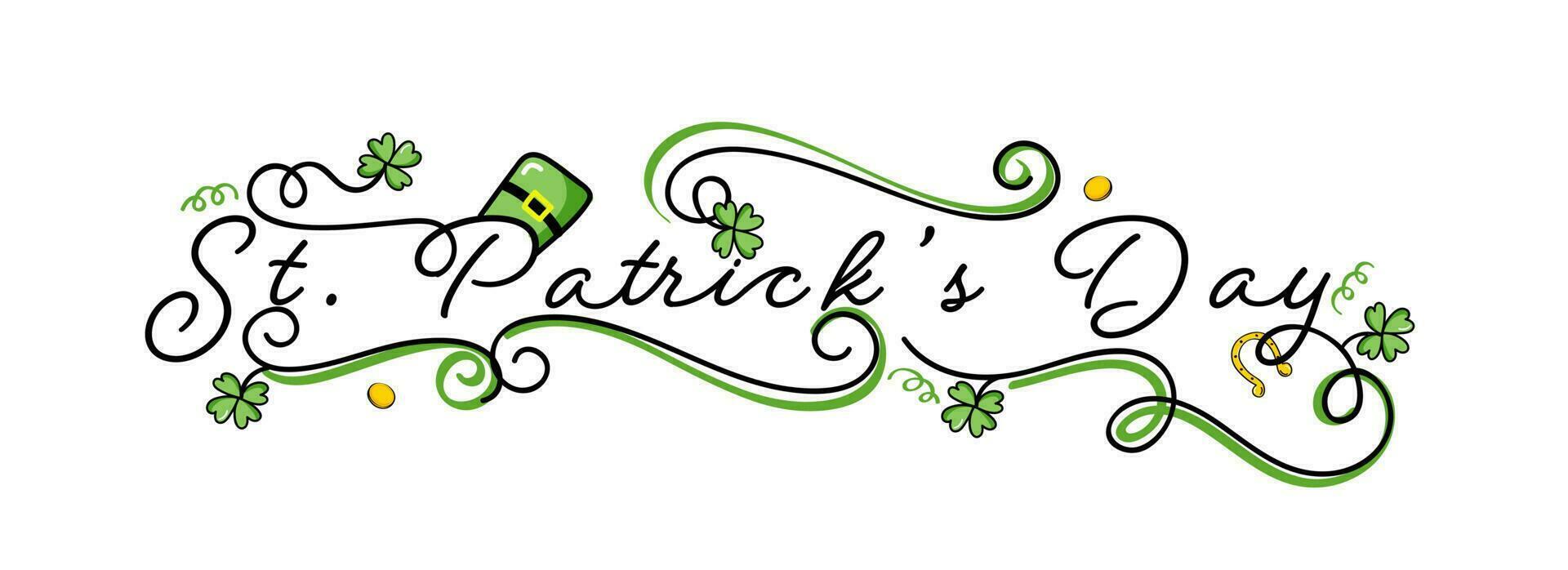 st. Patrick giorno calligrafia con fata cappello, trifoglio foglie, monete e d'oro ferro di cavallo su bianca sfondo. vettore