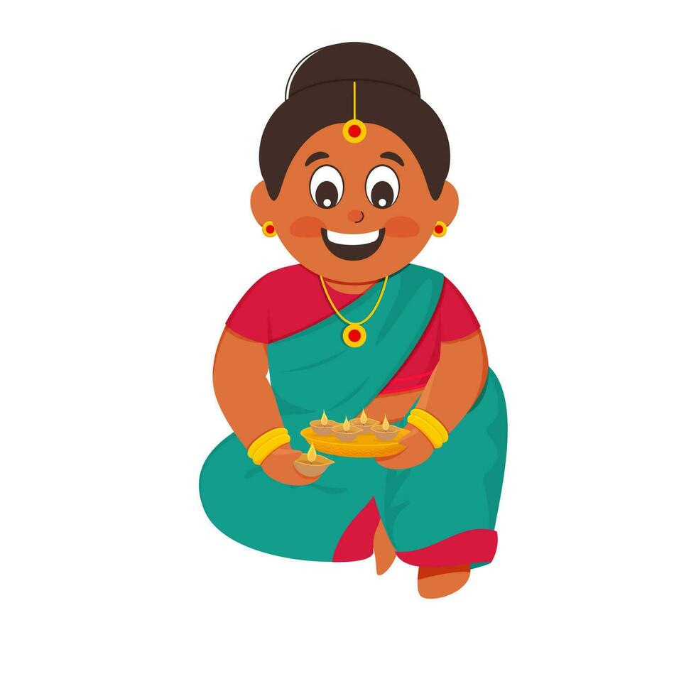 cartone animato indiano donna Tenere piatto di illuminato olio lampade su bianca sfondo. vettore