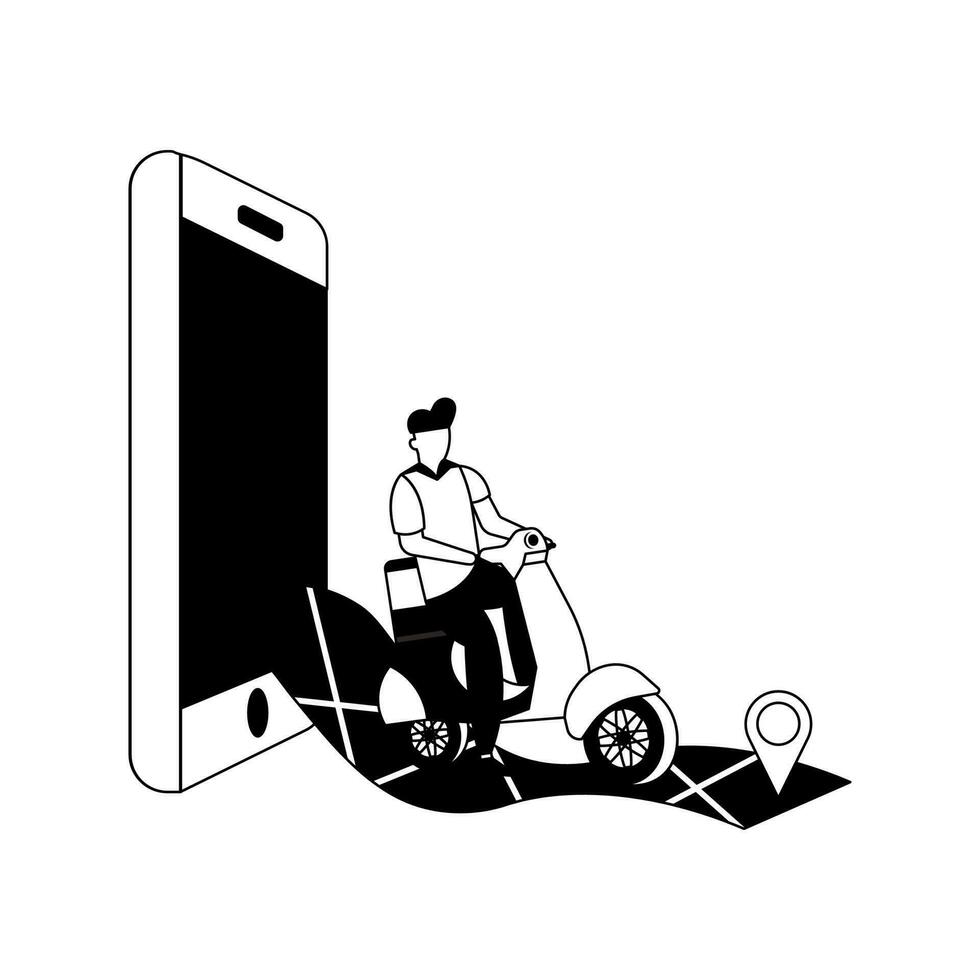 scarabocchio stile consegna uomo equitazione scooter e Posizione traccia attraverso smartphone su bianca sfondo. vettore
