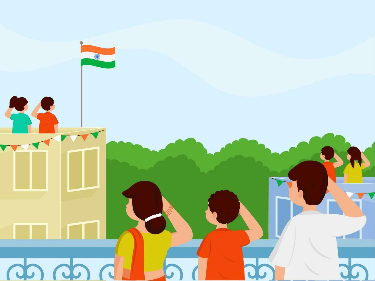 India nazionale Festival celebrazione sfondo con indiano persone salutando bandiera a loro tetto di edifici. vettore