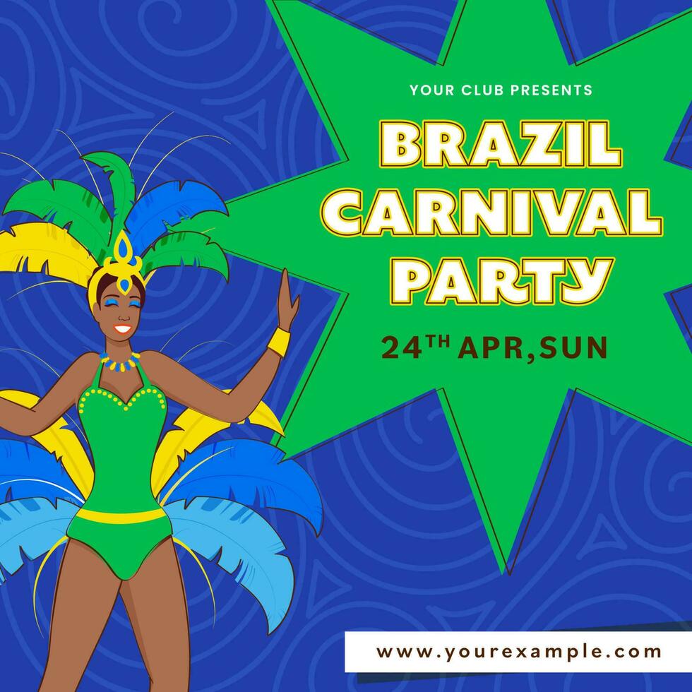 brasile carnevale invito carta con femmina samba ballerino su verde e blu turbine modello sfondo. vettore