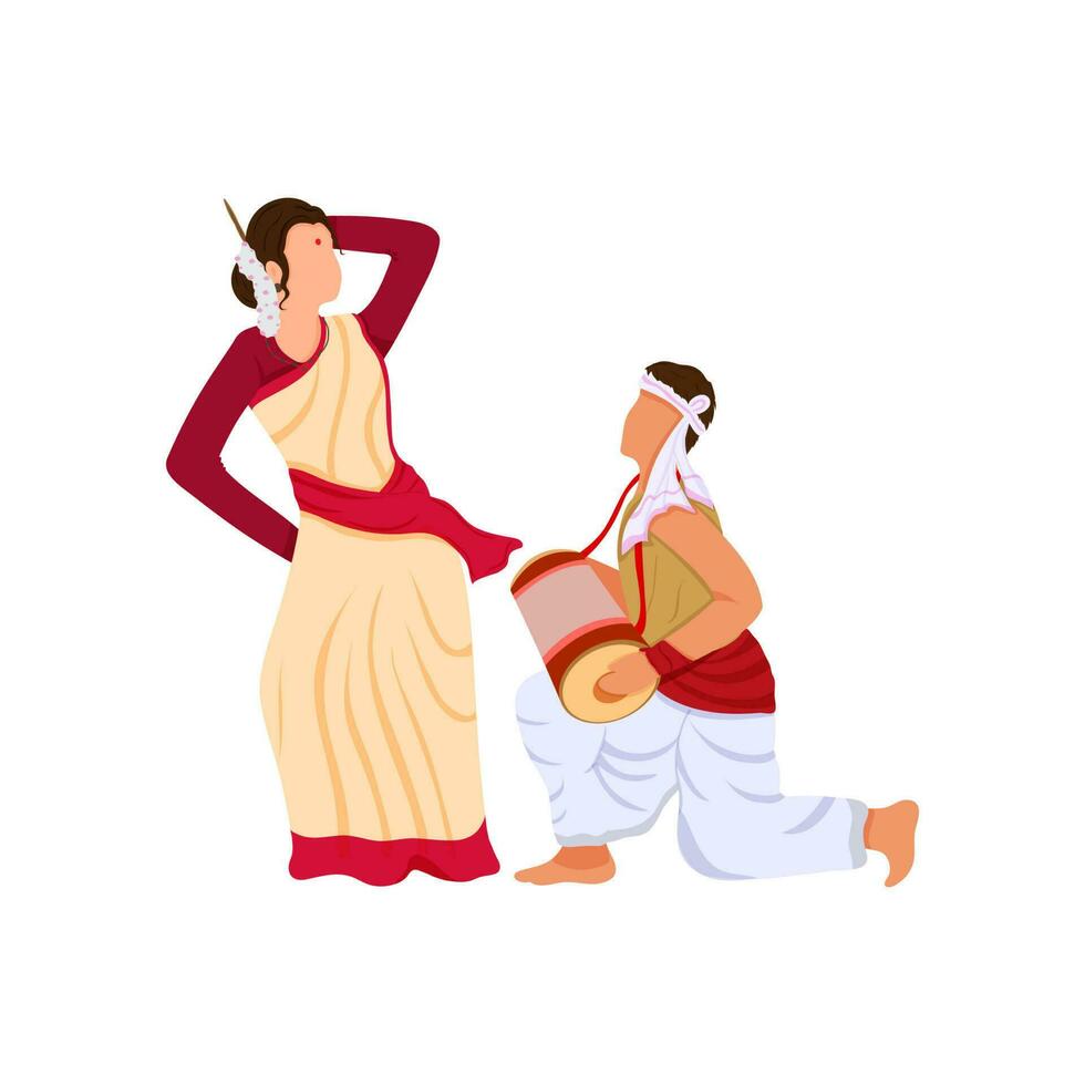 assamese uomo giocando dhol e donna danza su bianca sfondo. vettore