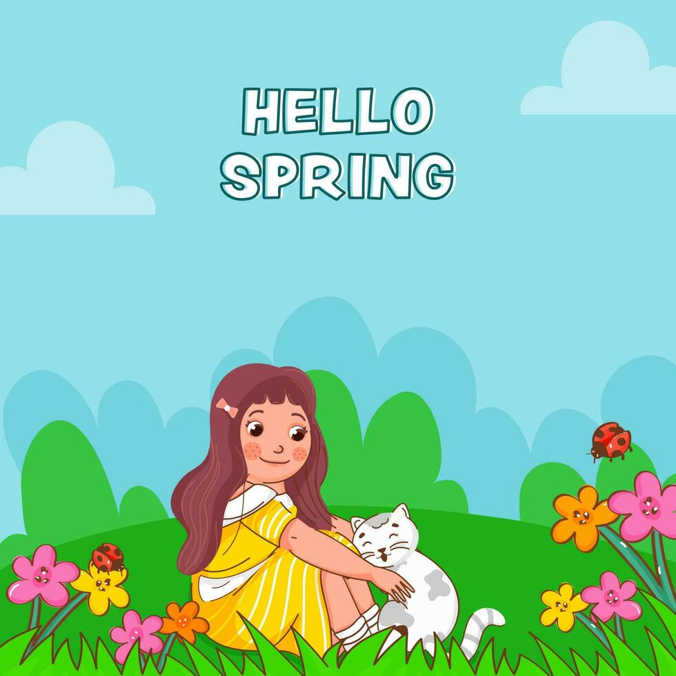 Ciao primavera sfondo con carino ragazza seduta e gatto illustrazione. vettore