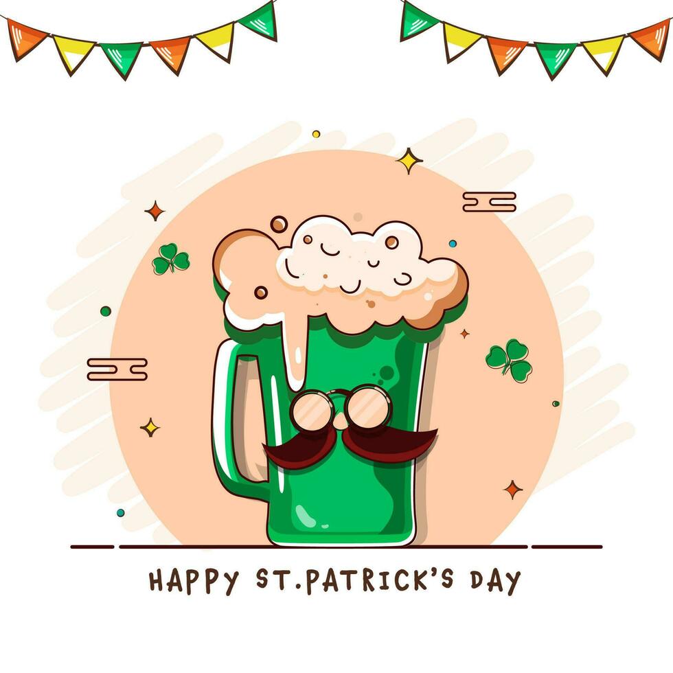 contento st. Patrick giorno concetto con baffi, occhiali stampato birra boccale nel scarabocchio stile su pesca e bianca sfondo. vettore