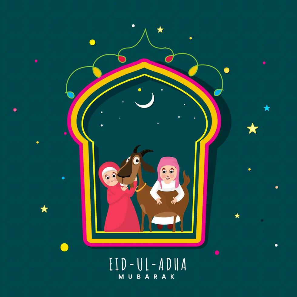 eid ul adha mubarak saluto carta con islamico bambini Tenere capra, mezzaluna Luna, stelle e moschea porta forma su alzavola verde sfondo. vettore