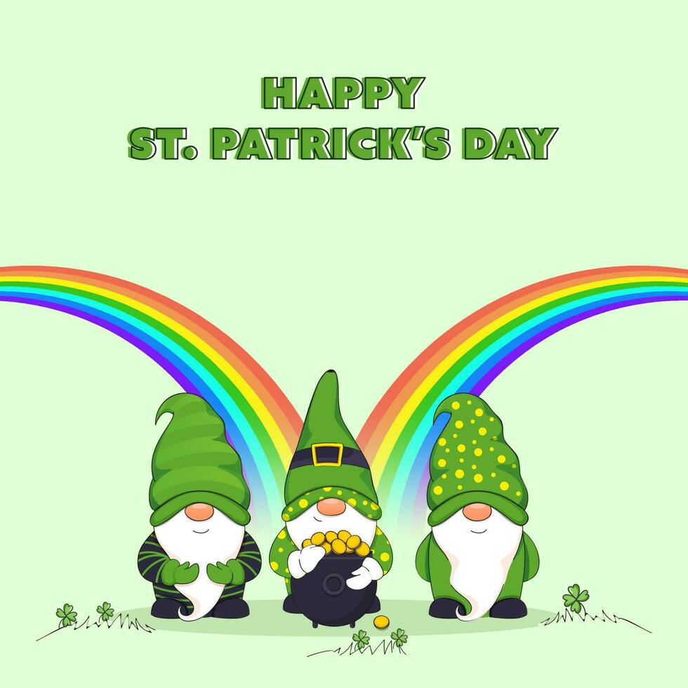 st. Patrick giorno manifesto design con cartone animato gnomi indossare fata cappello, d'oro monete nel calderone e arcobaleni su pastello verde sfondo. vettore