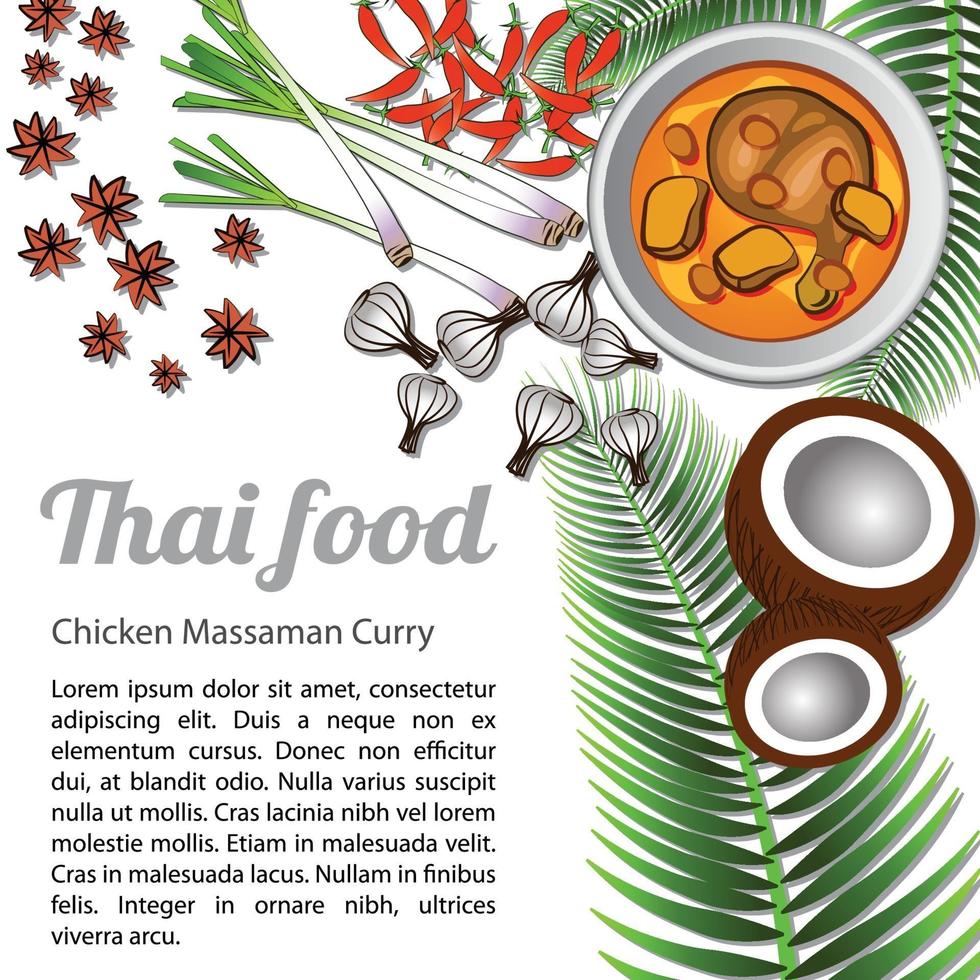 cibo delizioso e famoso tailandese pollo al curry o massaman con ingrediente sfondo bianco isolato vettore
