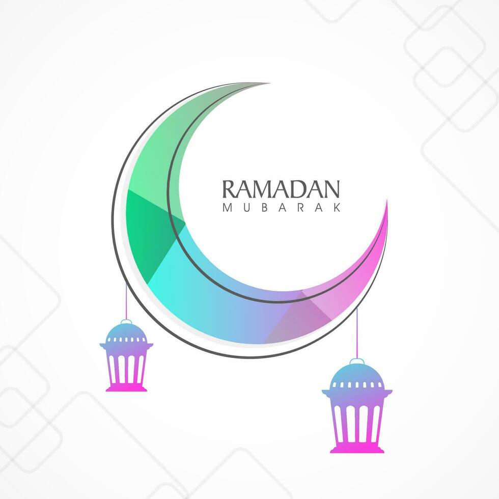 Ramadan mubarak concetto con pendenza mezzaluna Luna e lanterne appendere su bianca sfondo. vettore