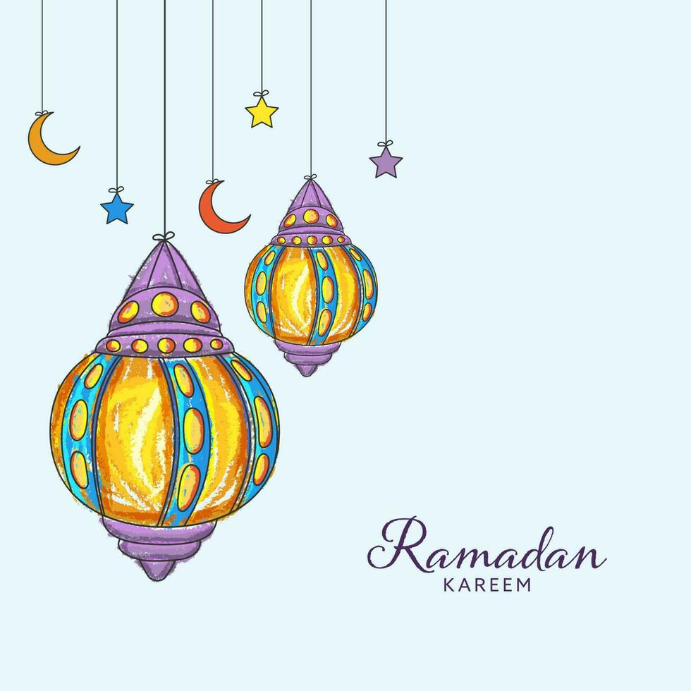 islamico Festival santo mese di Ramadan kareem concetto con scarabocchio lanterne, mezzaluna Luna e stelle appendere su leggero blu sfondo. vettore