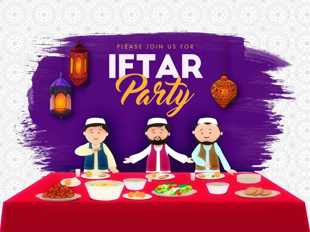 iftar festa invito o manifesto design con musulmano uomini mostrando delizioso Alimenti a tavolo e viola spazzola effetto su bianca mandala modello sfondo. vettore