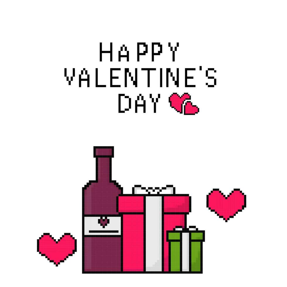 pixel stile contento San Valentino giorno font con cuori, regalo scatole e Champagne bottiglia su bianca sfondo. vettore