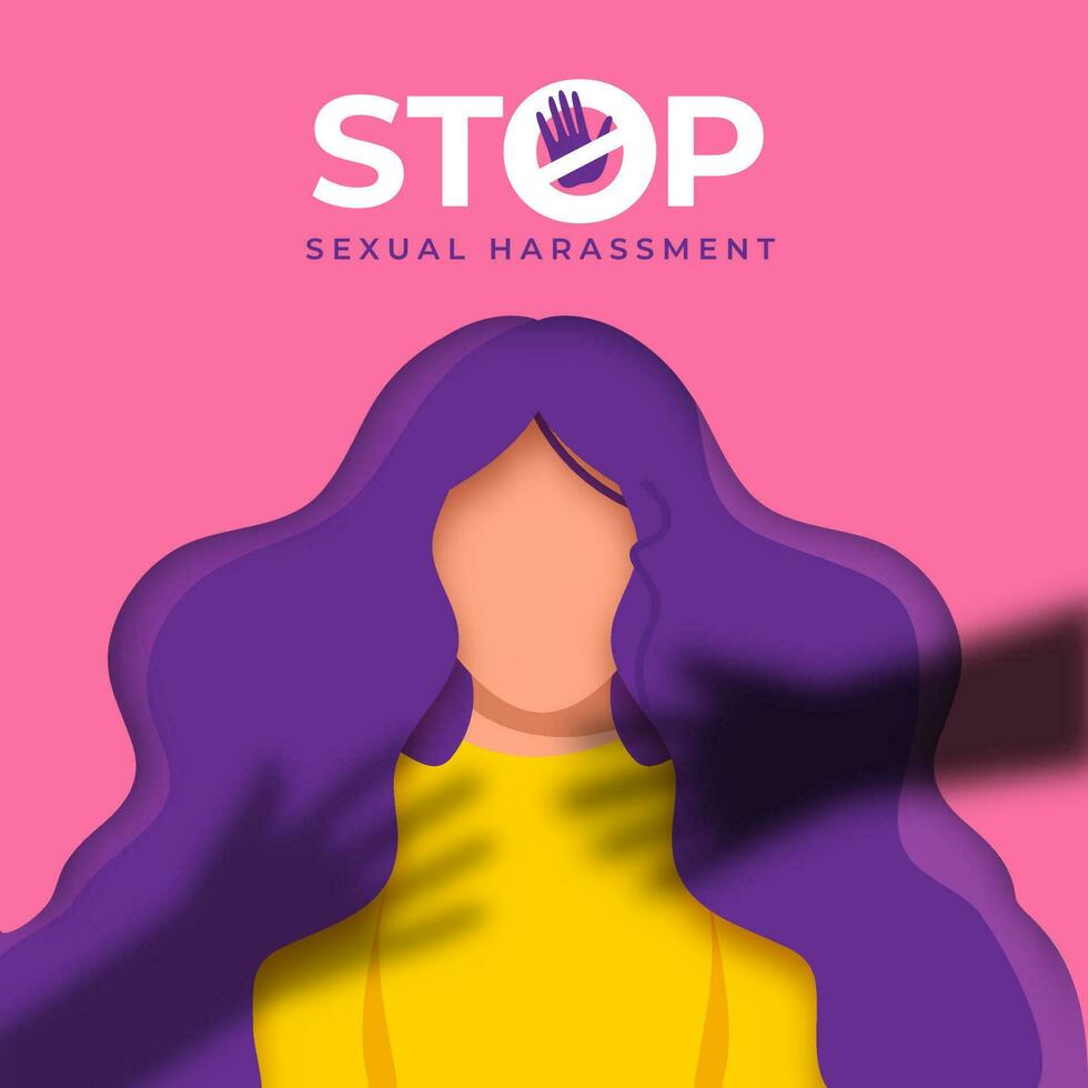 fermare sessuale molestia manifesto design con senza volto donna personaggio su rosa sfondo. vettore