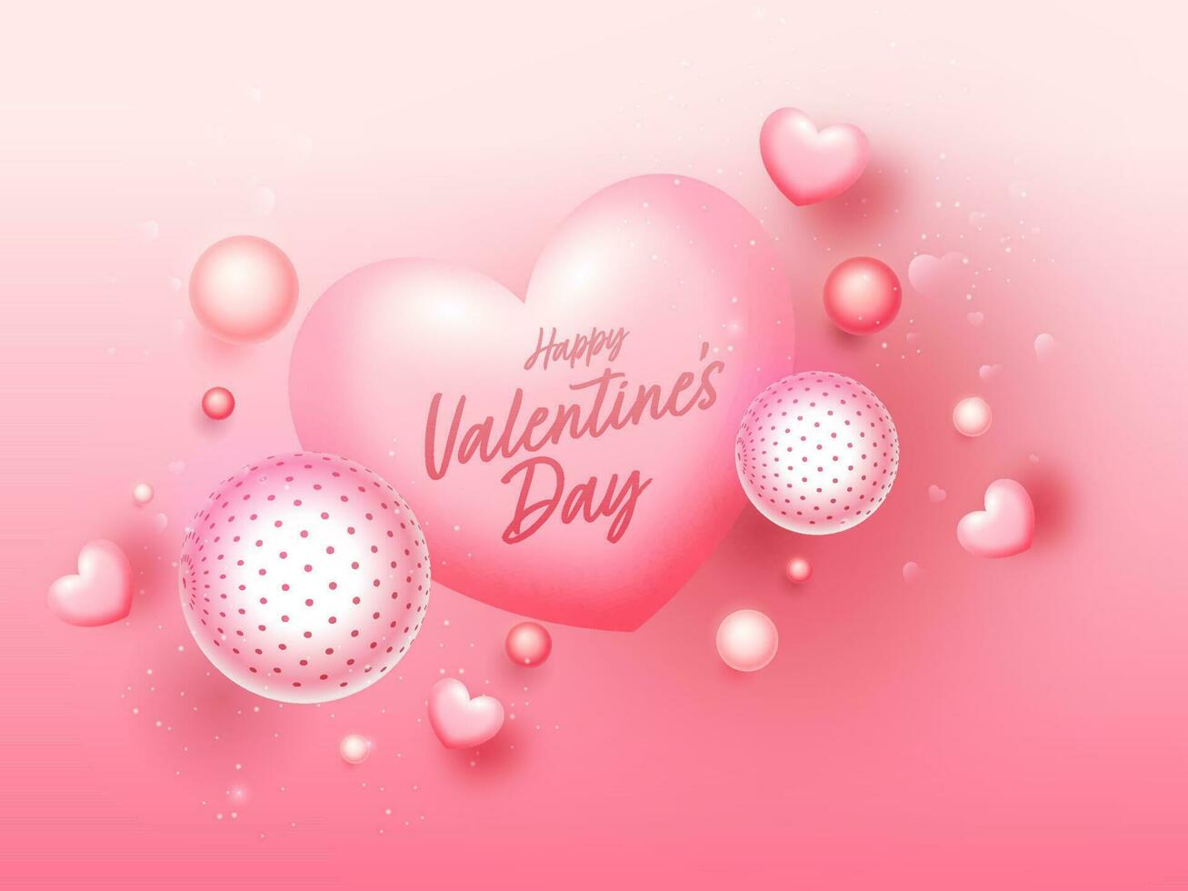 contento San Valentino giorno concetto con lucido cuori e 3d palle o sfera su lucido rosa sfondo. vettore