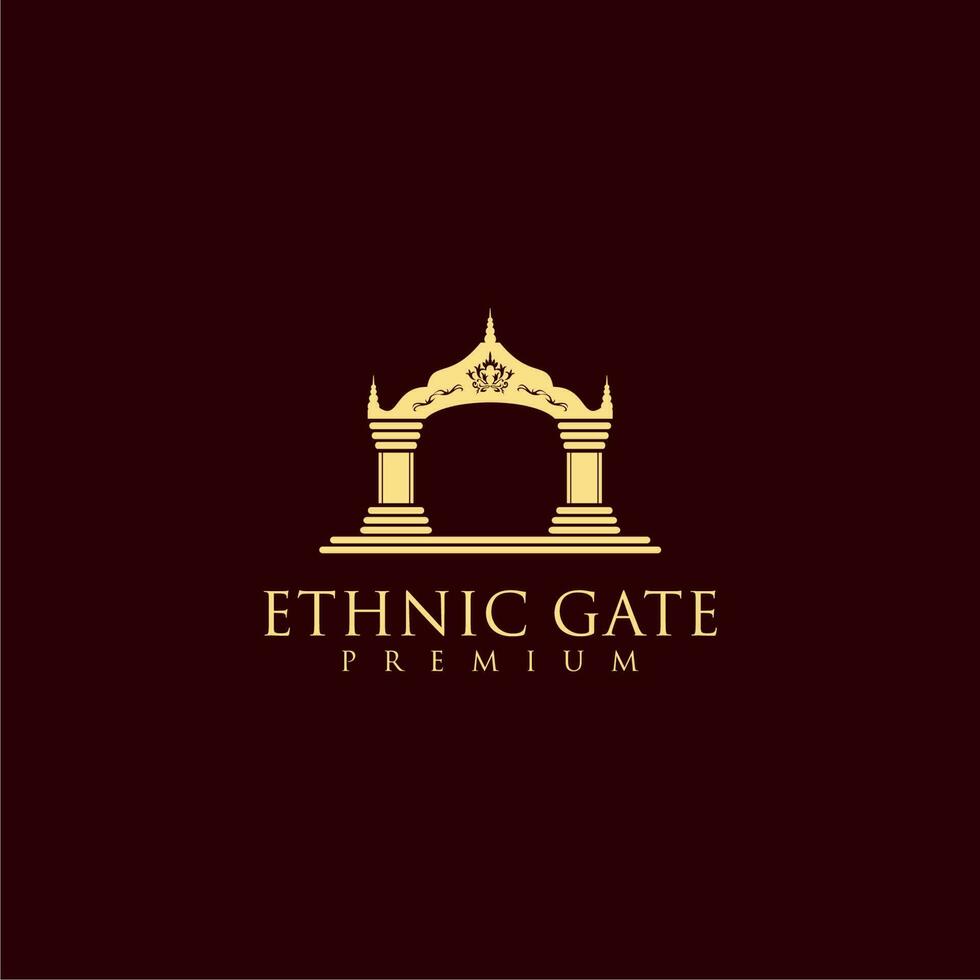 oro lusso antico cancello logo design su rosso sfondo vettore