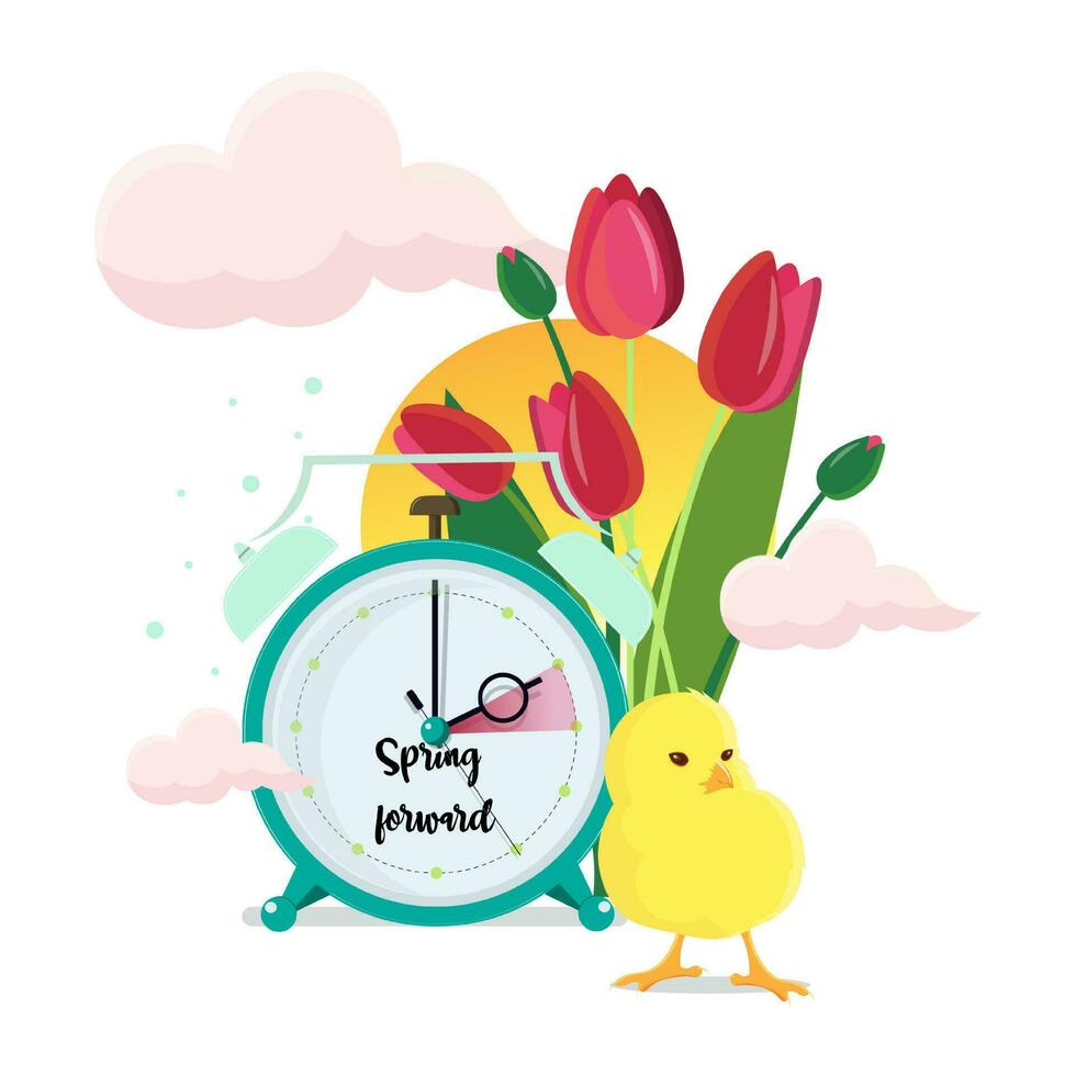 luce del giorno Salvataggio volta. orologi mossa inoltrare. tulipani e pollo vicino il orologio. primavera orologio modificare concetto. vettore illustrazione.