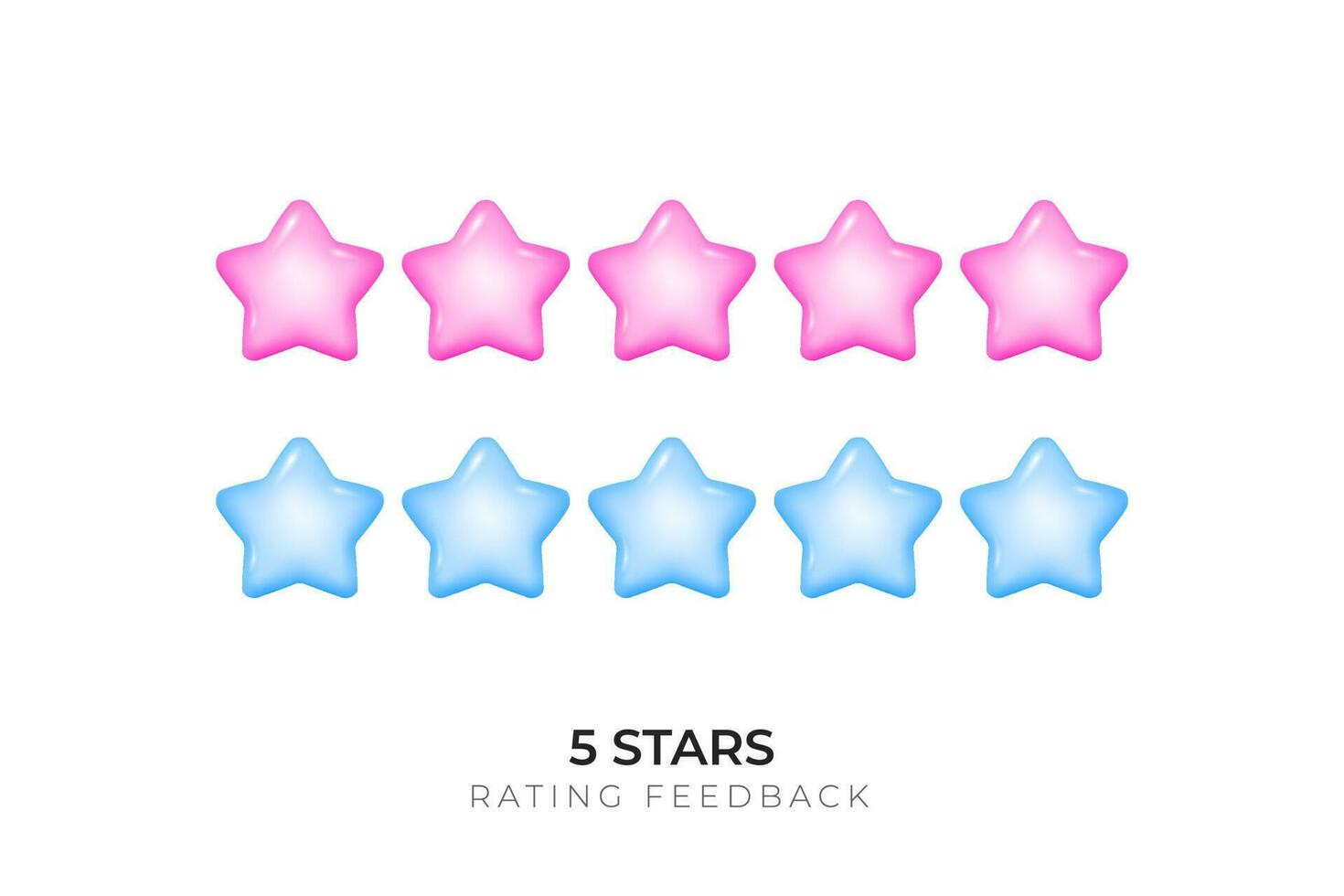 un' vettore illustrazione di un' 3d 5 stella valutazione sistema con un' bianca sfondo e lucido elementi. sito web valutazione, e in linea recensioni di bambini Giochi. rosa e blu stelle.