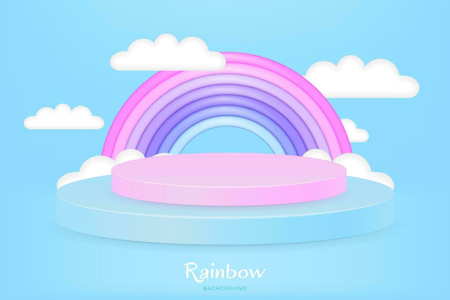 3d giocattolo rosa podio con colorato nuvole nel blu cielo e arcobaleno astratto 3d vettore illustrazione per pubblicità, bambino, celebrazione. piedistallo con passaggi per Prodotto Schermo di bambini giocattoli