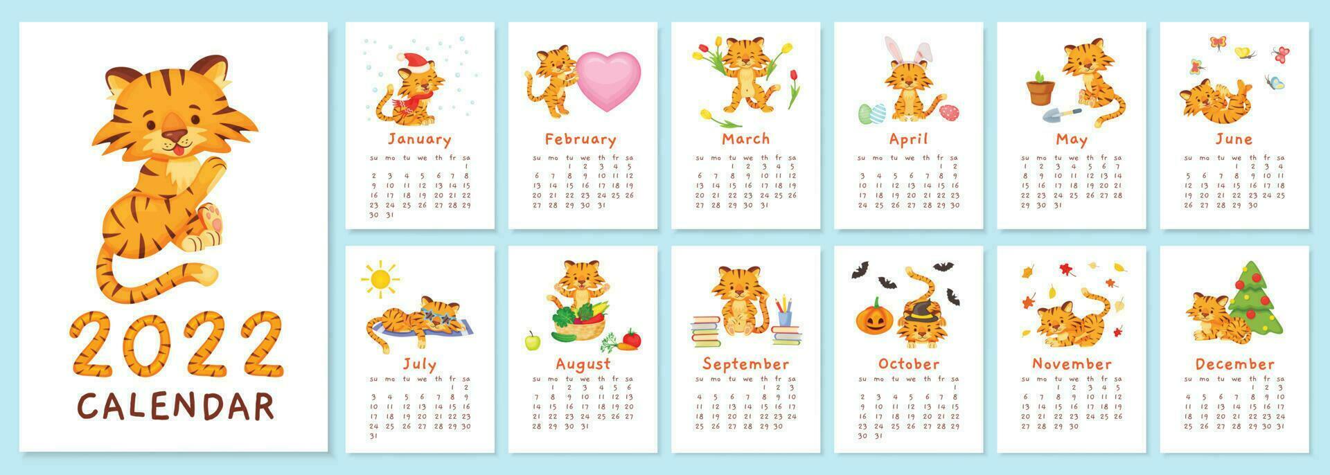 carino tigri 2022 calendario, Cinese nuovo anno tigre simbolo. cartone animato contento bambino animale personaggi nel diverso mesi progettista vettore modello