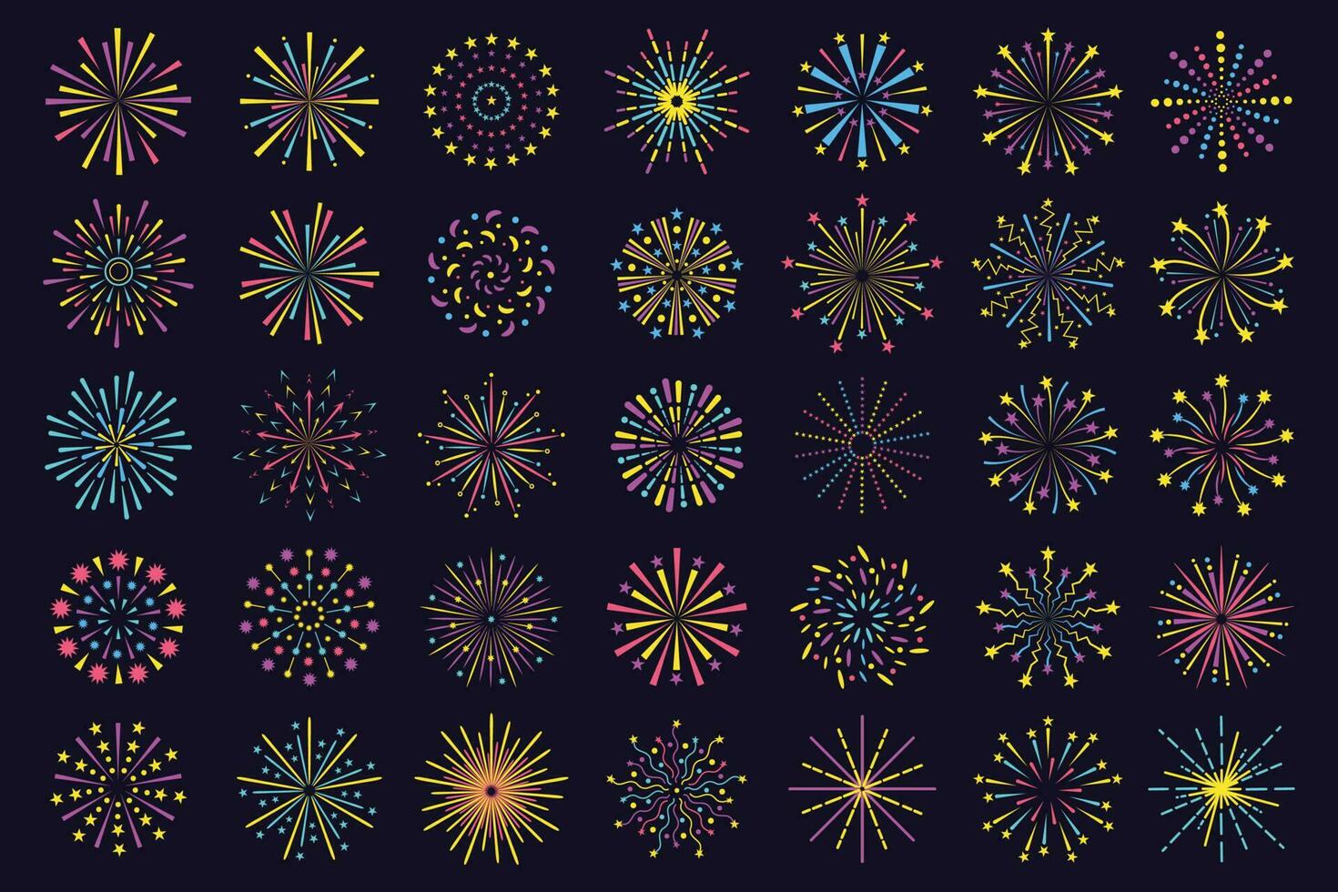 colorato fuochi d'artificio icona, astratto festivo petardo brillare. fuoco d'artificio esplosione, Bengala luci scoppiare festa celebrazione elementi vettore impostato
