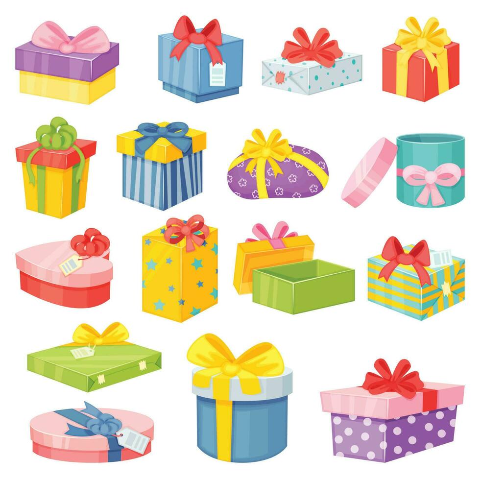 cartone animato regalo scatole, avvolto presente pacchi con archi. colorato regali nel vario forme per compleanno o Natale celebrazione vettore impostato
