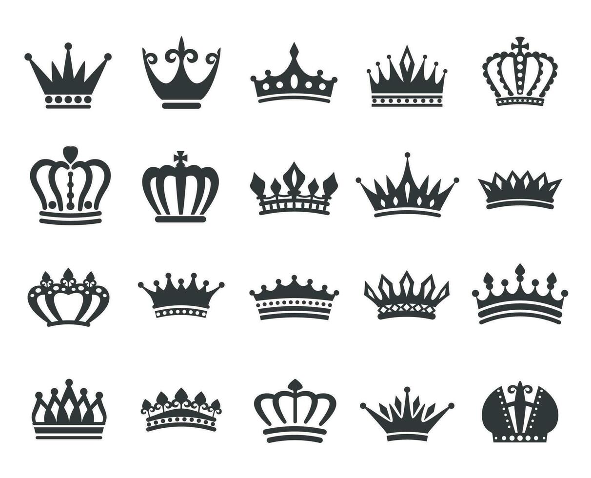 re corone icona silhouette, Regina tiara, reale corona logo. energia dinastia reali emblema, Vintage ▾ araldico nero simboli vettore impostato