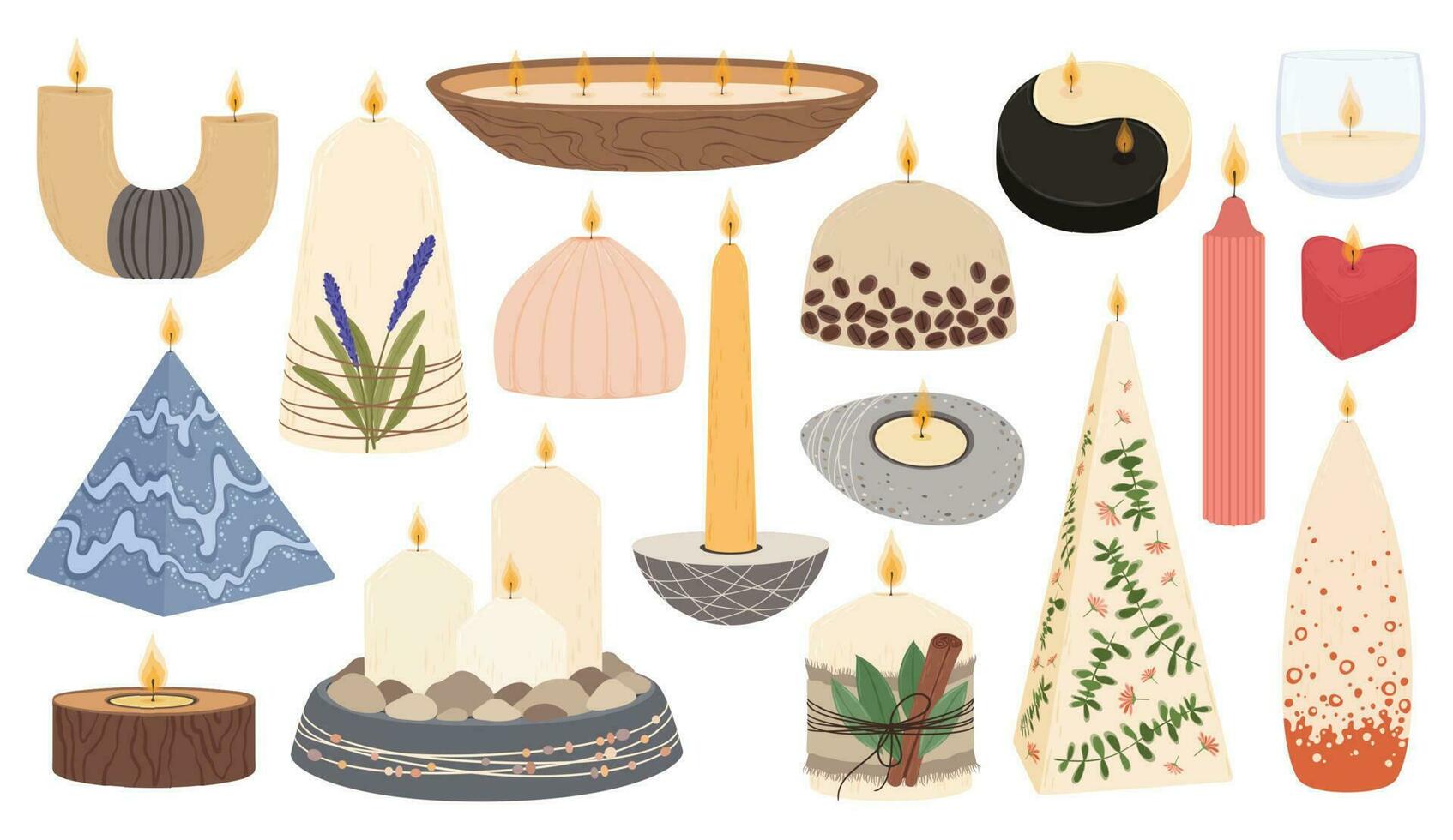 profumato candele nel vario forme, aromatico ardente cera candela. decorativo lume di candela con fiori, terme aromaterapia candele vettore impostato