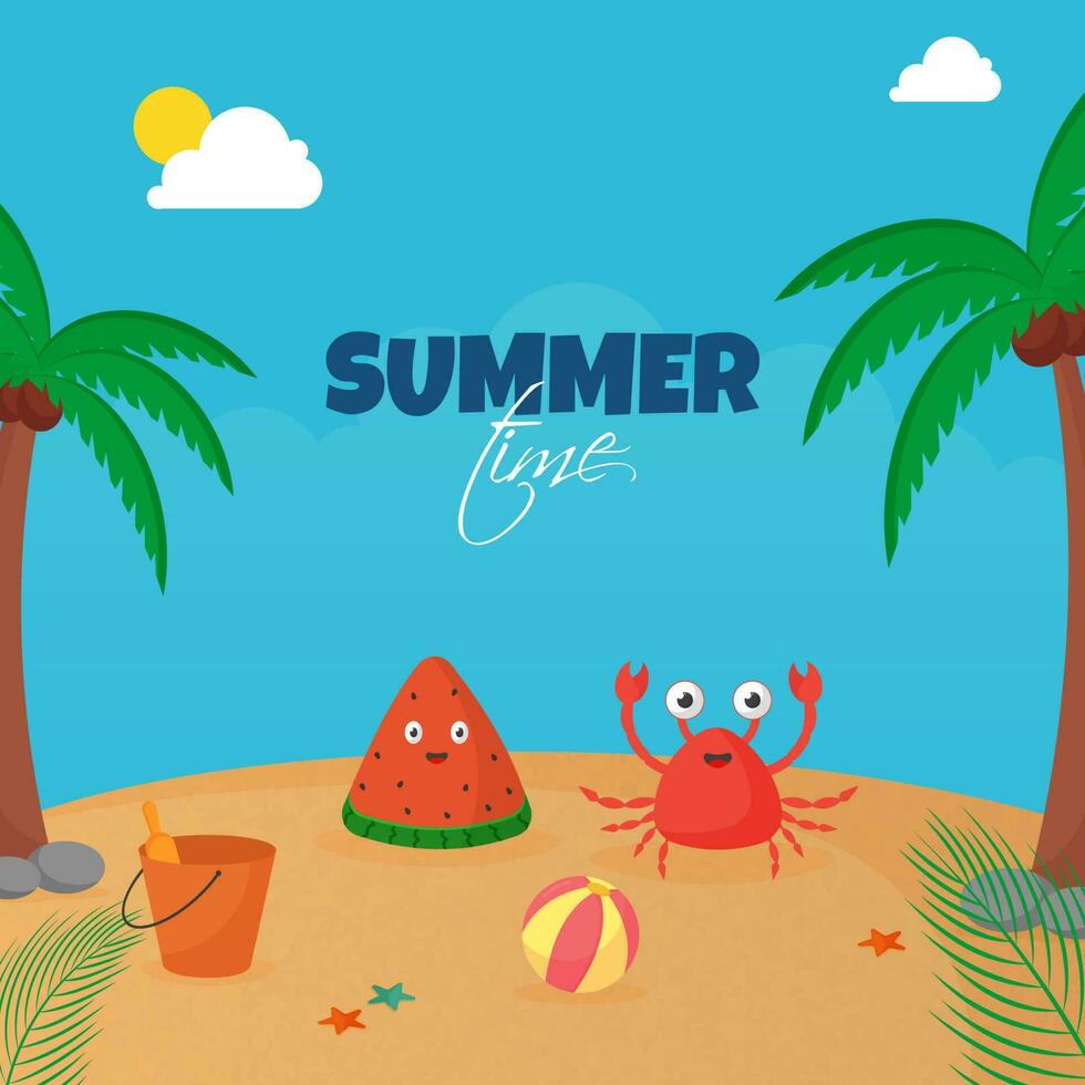 estate tempo concetto con cartone animato granchio, anguria fetta, sabbia secchio e Noce di cocco alberi su sole spiaggia sfondo. vettore