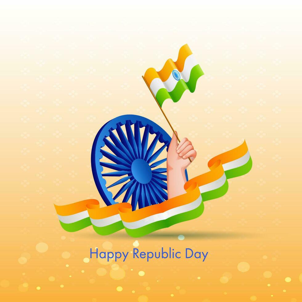 contento repubblica giorno testo con 3d blu Ashoka ruota e mano Tenere indiano bandiera su giallo bokeh sfondo. vettore