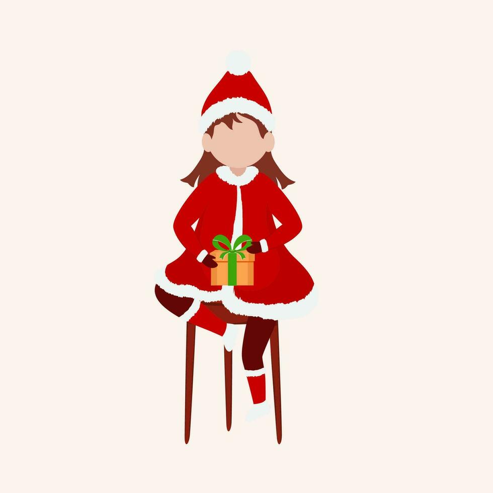 senza volto ragazza Tenere regalo scatola nel Santa costume seduta su un' sgabello. vettore
